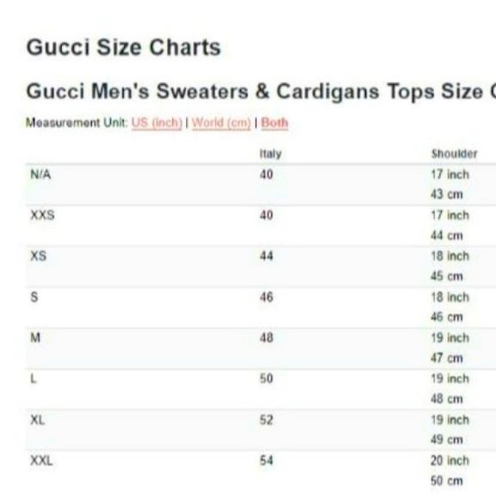 GUCCI MEN SIZE CHART FOR SWEATERS- use this chart to help you buy and size